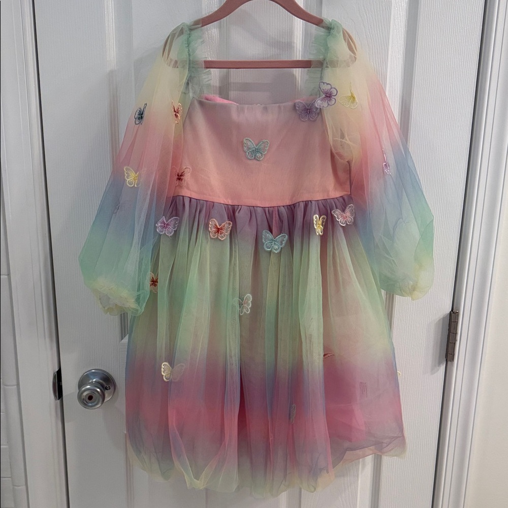 Lola + The Boys Rainbow Tulle Dress with Butterfly Accents